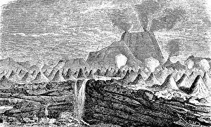 Smoking volcano with numerous eruption cones