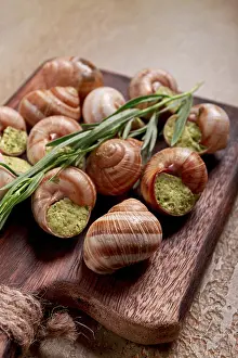 Snails stuffed in Burgundy, on a wooden board