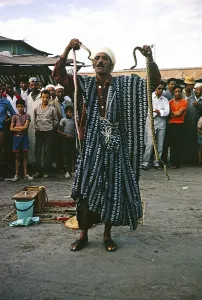 Snake charmer on Jemaa el Fnaa Square, Marrakech, Morocco, North Africa 1971, Africa