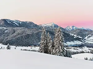 Snow-covered forest with view of Lake Aegeri behind Rigi and Pilatus