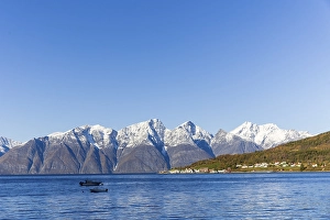 Snow-covered mountains at Lyngen Fjord