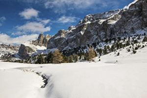 Snow-covered mountains, view of the Sella