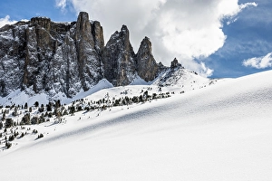 Snow-covered mountains, view of the Sella
