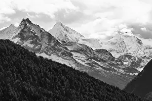 Snow-covered peaks of the mountains Le Besso and Obergabelhorn