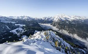 Snow-covered summit of the Jenner with viewing platform in autumn