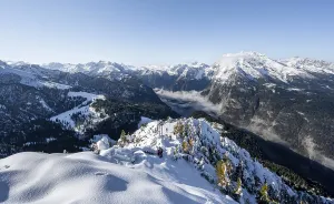Snow-covered summit of the Jenner with viewing platform in autumn