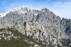 The snow-covered summit of Monte d'Oro in the Monte Rotondo massif