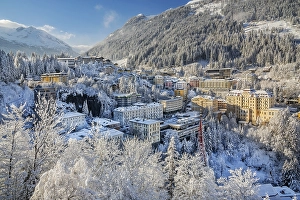 Snow-covered winter panorama of the village