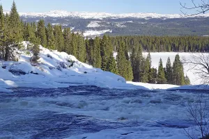 Snowy landscape with a river surrounded by trees and mountains in the background