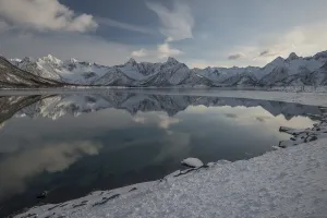 Snowy mountains reflected in the water