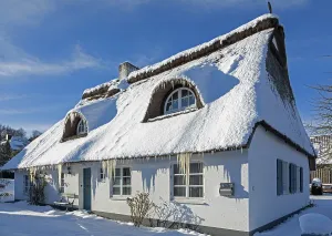 Snowy thatched house, icicles, ice