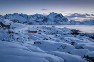 Category Mountain Landscapes Prints: Snowy winter landscape by the sea
