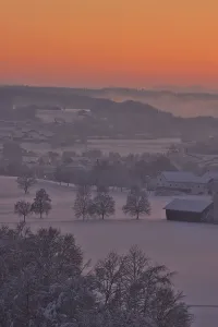 Snowy winter landscape with trees and houses in the sunset