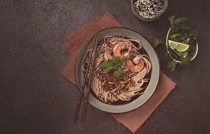 Soba, buckwheat noodles, with shimeji mushrooms and tiger shrimps
