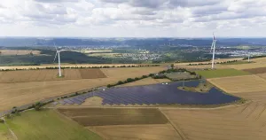 Solar panel station, wind turbine park