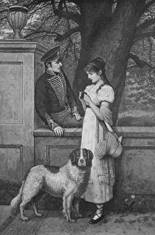 Soldier flirting with a young woman who wants to go for a walk with her dog