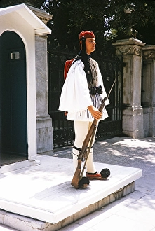 Soldier of the Greek Presidential Guard or Evzone on guard duty, Athens, Greece 1964