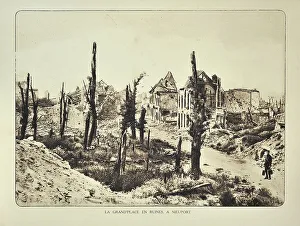 Soldier at the ruined Market Place at Nieuwpoort in Flanders during the First World War