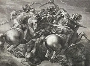 Four soldiers are in a cavalry fight while three others are fighting on the ground