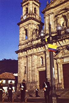Soldiers at a ceremonial parade in front of the cathedral church, Bogota, Colombia, South America, 1961, South America