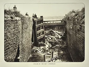 Soldiers at the damaged lock, sluice at Boezinge in Flanders during the First World War