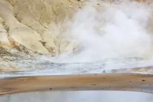 Solfatara field with hot pools and boiling mud at Seltun