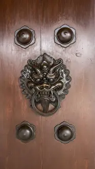 Solid wooden door with dragon head knocker