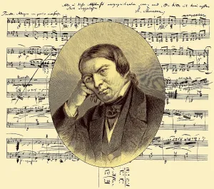 Sonata No. 1 Op. 2, historical handwritten sheet music and portrait of Robert Schumann