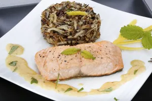 Southern German cuisine, fillet of Dreisam salmon with wild rice and lemon sauce