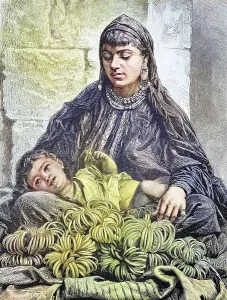 Souvenir, Market, Woman selling bracelets on the forecourt of the Church of the Holy Sepulchre in Jerusalem with child