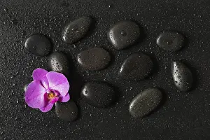 Spa concept with black basalt massage stones arranged on a black background