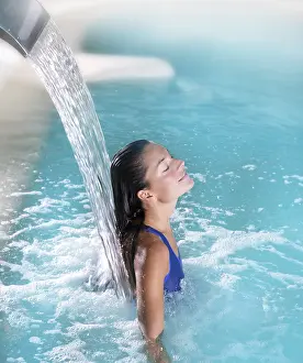 Category Historic EN Prints: Spa hydrotherapy woman waterfall jet turquoise swimming pool water