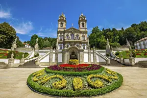 The spectacular facade of the Bom Jesus do Monte Sanctuary in neoclassical style surrounded by flowered gardens in a