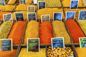 Spices on a stall at the Whitsun market in Portoferraio