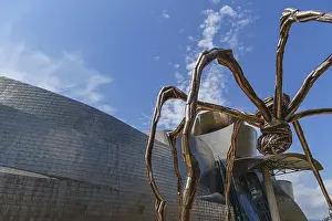A spider sculpture in front of a modern building with a reflective facade