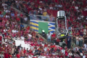 Spidercam hangs on the rops at the stadium