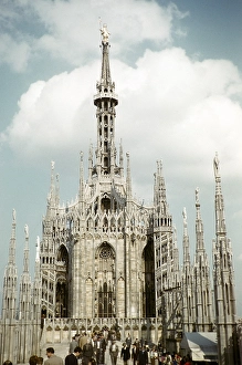 Spires on the roof of the cathedral, Milan, Lombardy, Italy 1957