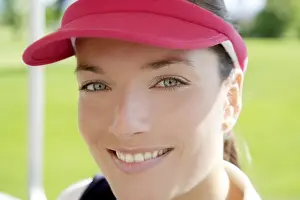 Category Historic EN Prints: Sport woman closeup portrait face similing sun visor cap tennis golf