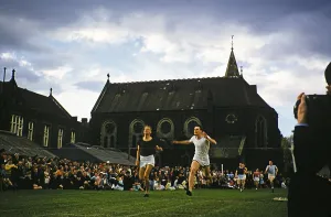 Sports day athletics events Melbourne Grammar School, Melbourne, Victoria, Australia 1956 Boys running