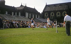 Sports day athletics events Melbourne Grammar School, Melbourne, Victoria, Australia 1956 Boys running