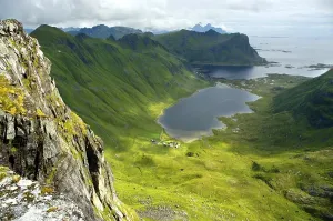 Category Scandinavia Prints: Spots of sun at mountains lake and the sea Vestvagoya