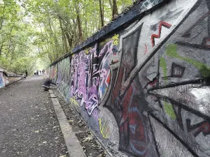 Sprayers spray colorful graffiti art on a long wall along a forest