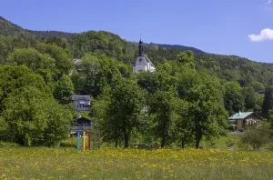 Spring flower meadow with pilgrimage church Mariahilf