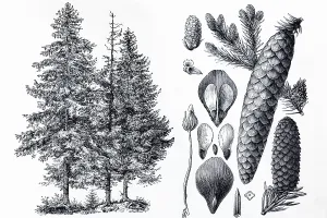 Spruce (Picea vulgaris), tree and cones