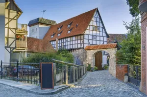 Sstreet with historical half-timbered houses in Quedlinburg