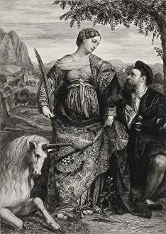 St Justina with a unicorn and a man praying to her