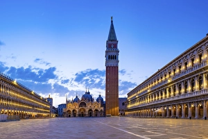 St. Mark's Square in the morning with the bell tower of Campanile and the Basilica of St