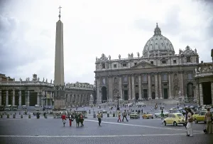 St Peter's Cathedral, Rome, Italy, 1974 People and cars in the square, Europe