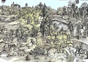 Stag Hunt in the Landscape, a woodcut by Lukas Cranach