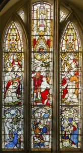 Stained glass window of various biblical scenes